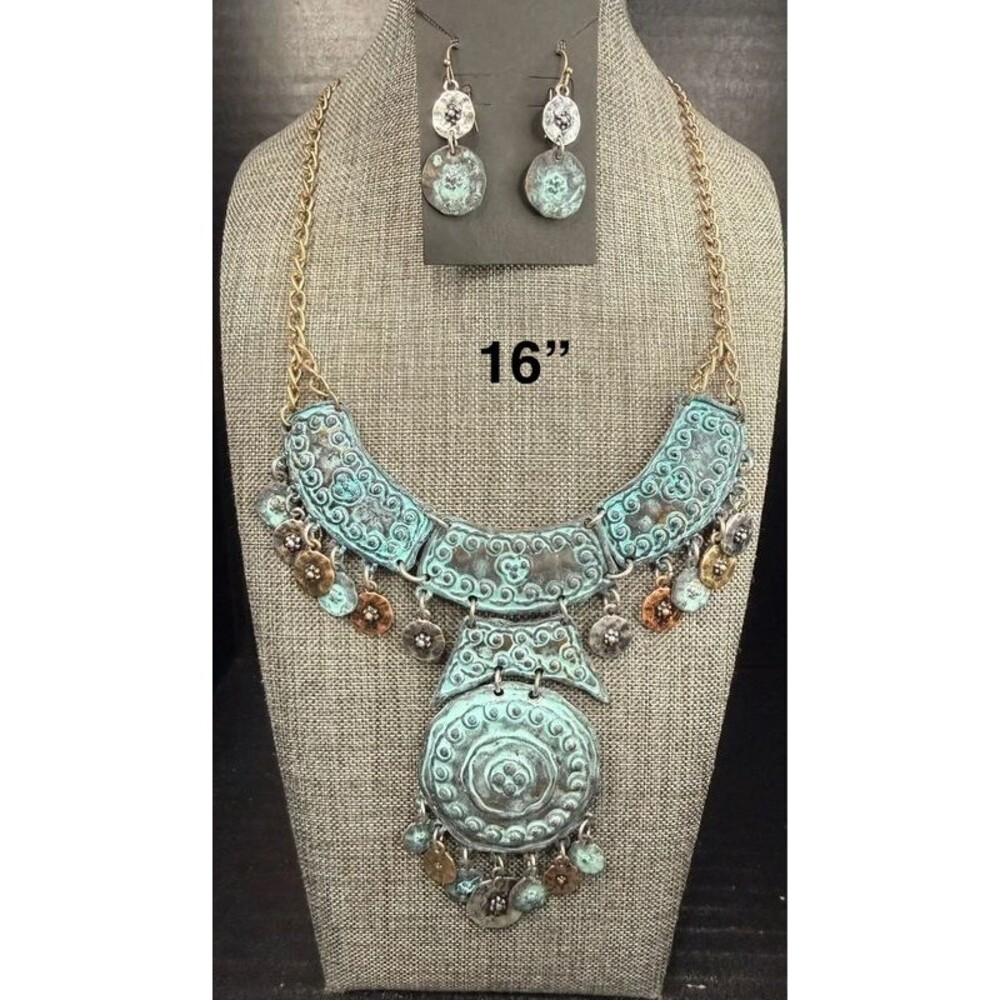 44. Rustic Verdigris Patina Boho Statement Necklace Set